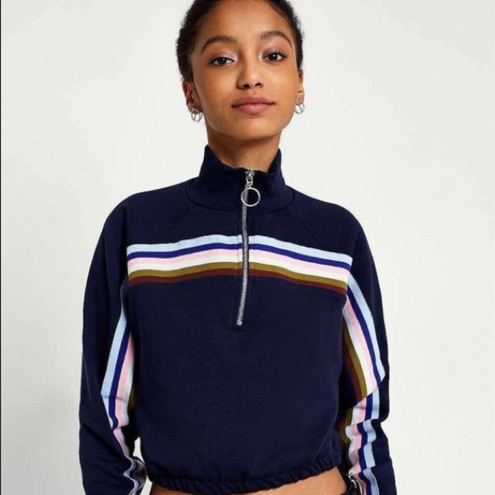 Urban Outfitters Cropped Striped Navy Blue Quarter-zip (size S)